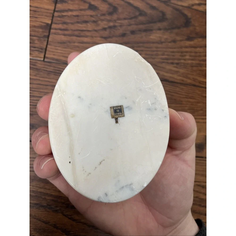 Vintage Mother of Pearl Inlay Alabaster Lidded Oval Trinket Box 4